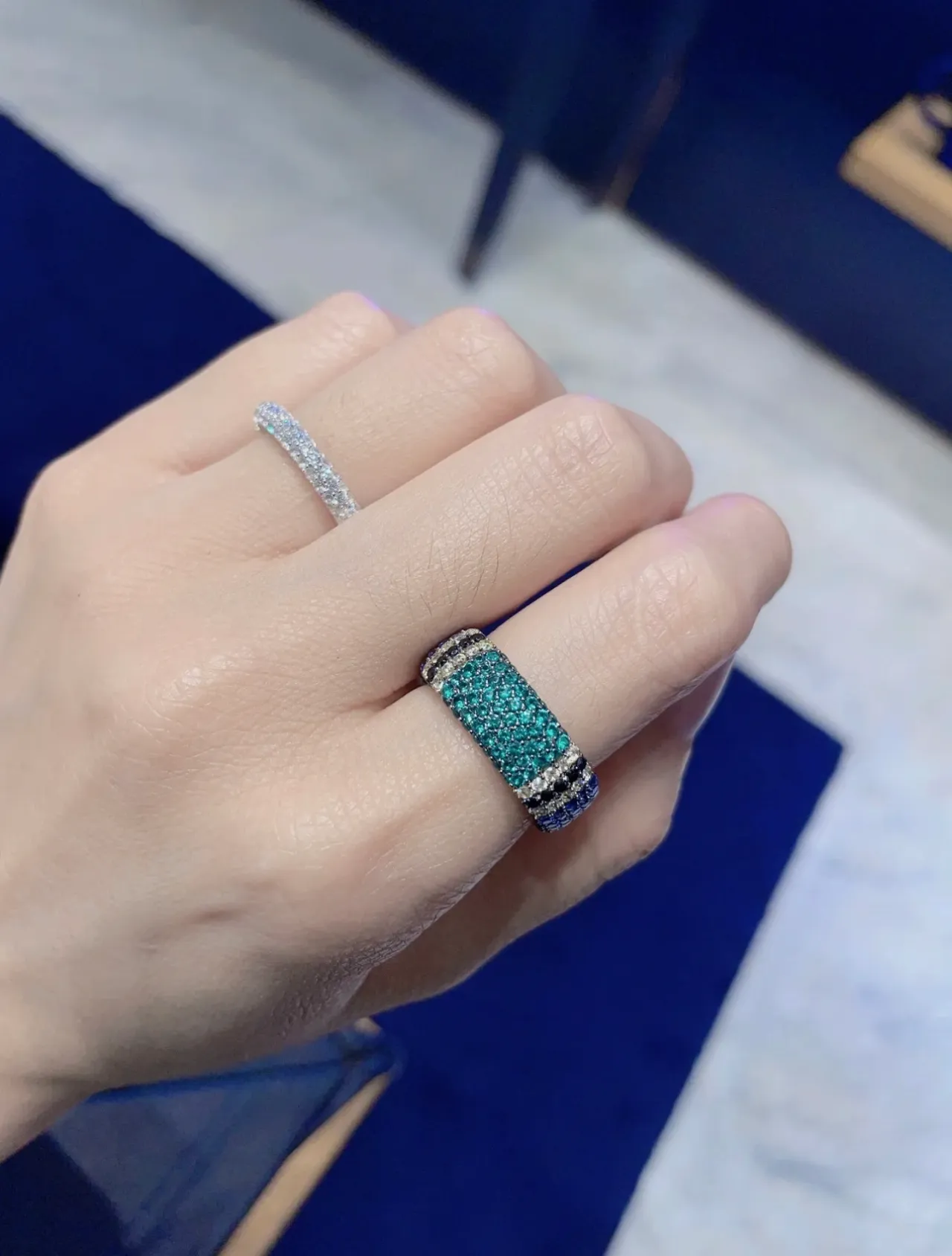 Pavé-Set Blue Gemstone Wide Band Ring 2