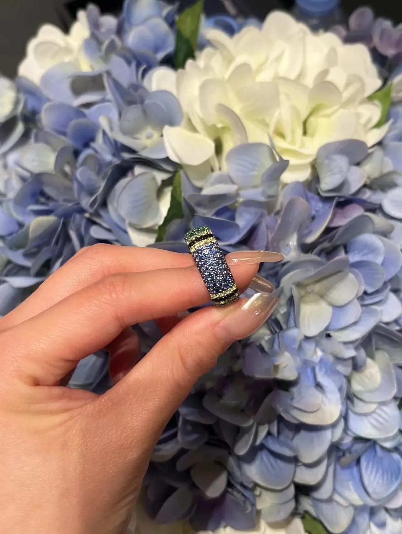 Pavé-Set Blue Gemstone Wide Band Ring 4