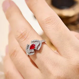 Pear-Cut Red Gemstone Pavé Diamond Asymmetrical Ring