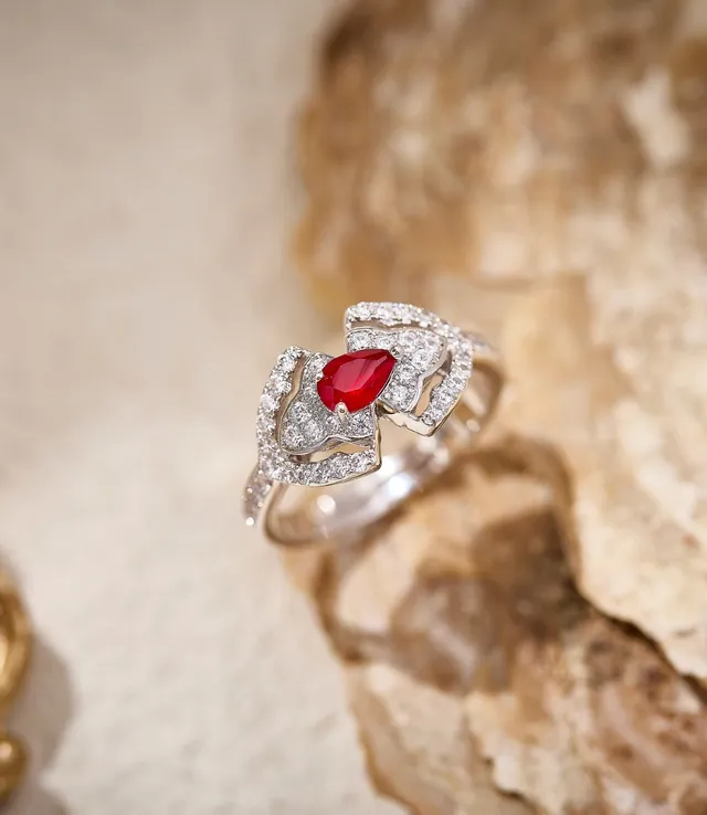 Pear-Cut Red Gemstone Pavé Diamond Asymmetrical Ring 3