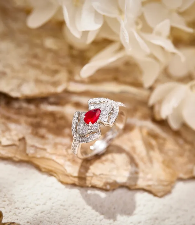 Pear-Cut Red Gemstone Pavé Diamond Asymmetrical Ring 6