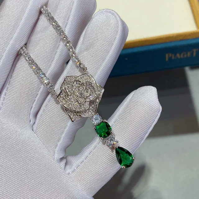 Piaget Silver Green Floral Pavé Pendant Gemstone Drop Necklace 3