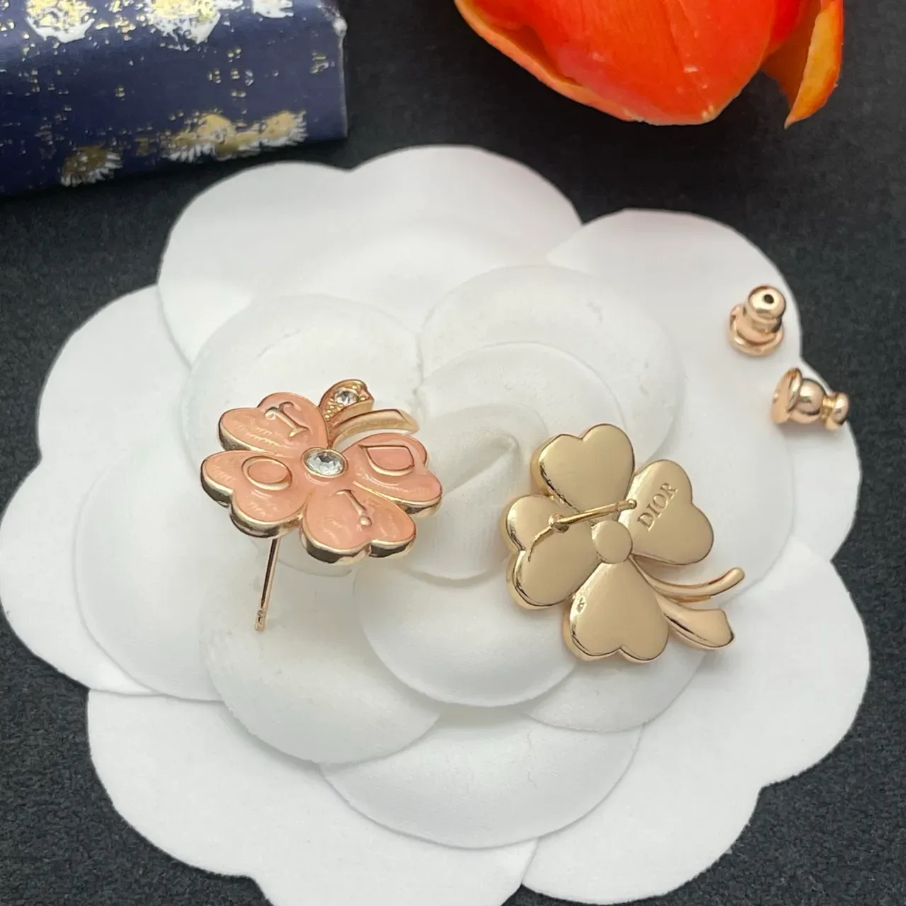 Pink Enamel Flower Crystal Stud Earrings 4