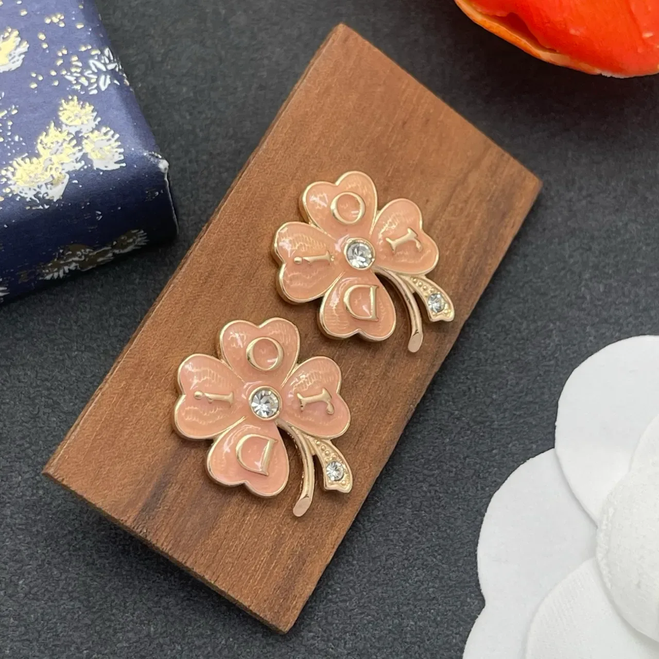 Pink Enamel Flower Crystal Stud Earrings 6