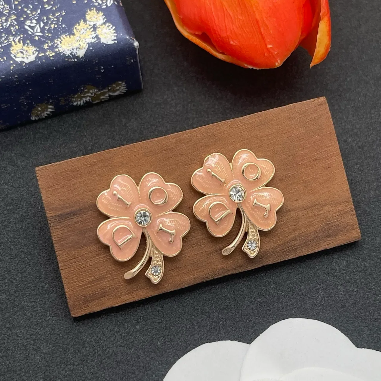 Pink Enamel Flower Crystal Stud Earrings 8