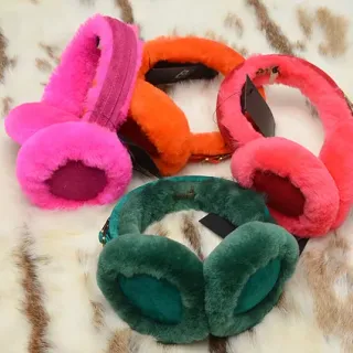Pink Green Plush Faux-Fur Exterior Padded Ear Cups Beanie