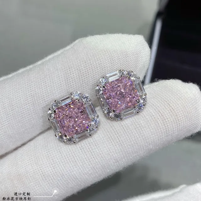 Pink Ice Square Halo Stud Earrings 4
