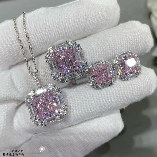Pink Ice Square Halo Stud Earrings 5
