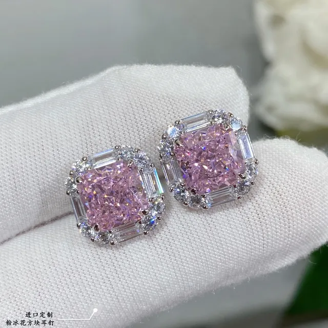 Pink Ice Square Halo Stud Earrings 8