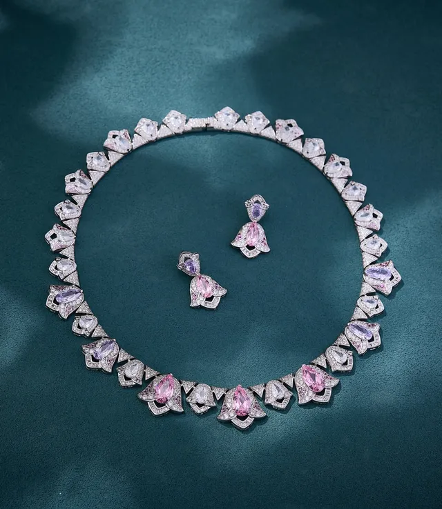 Pink Purple Floral Motif Pear-Shaped Gemstones Necklace 3
