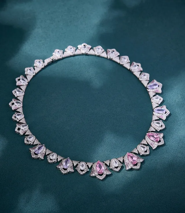 Pink Purple Floral Motif Pear-Shaped Gemstones Necklace 4