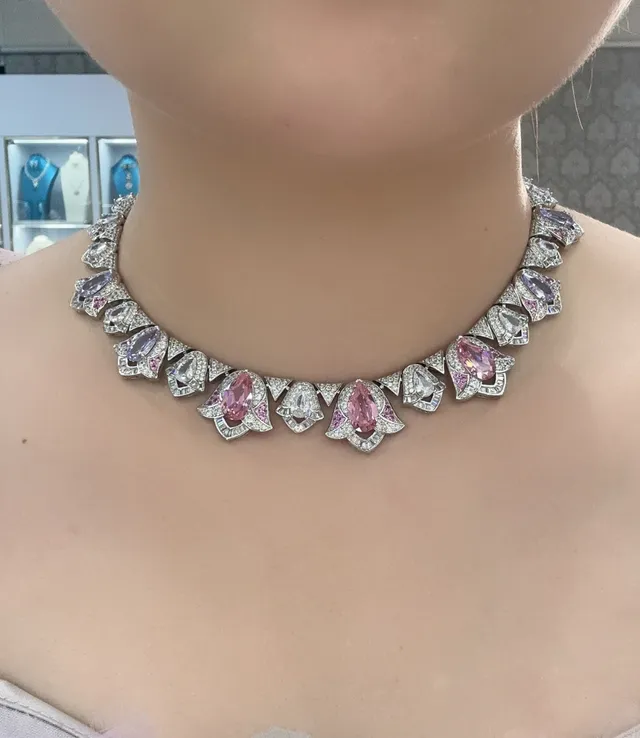 Pink Purple Floral Motif Pear-Shaped Gemstones Necklace 5