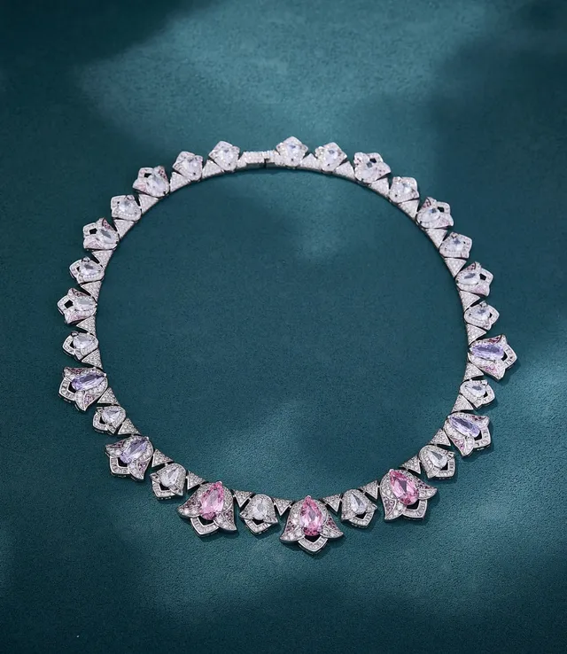 Pink Purple Floral Motif Pear-Shaped Gemstones Necklace 6