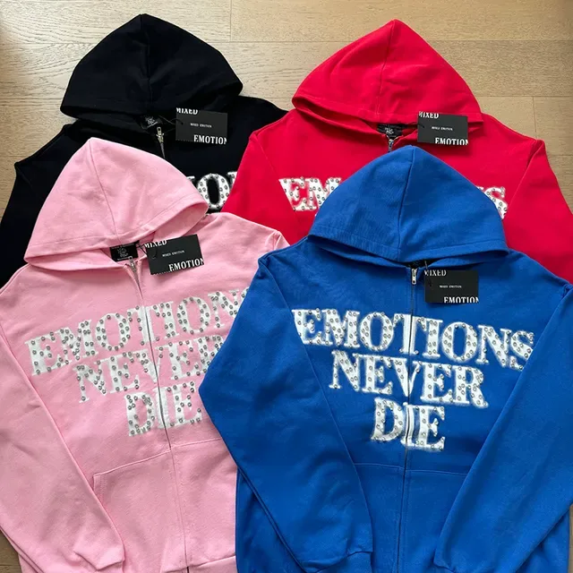 Pink Rhinestone 'Emotions Never Die' Full-Zip Hoodie 3