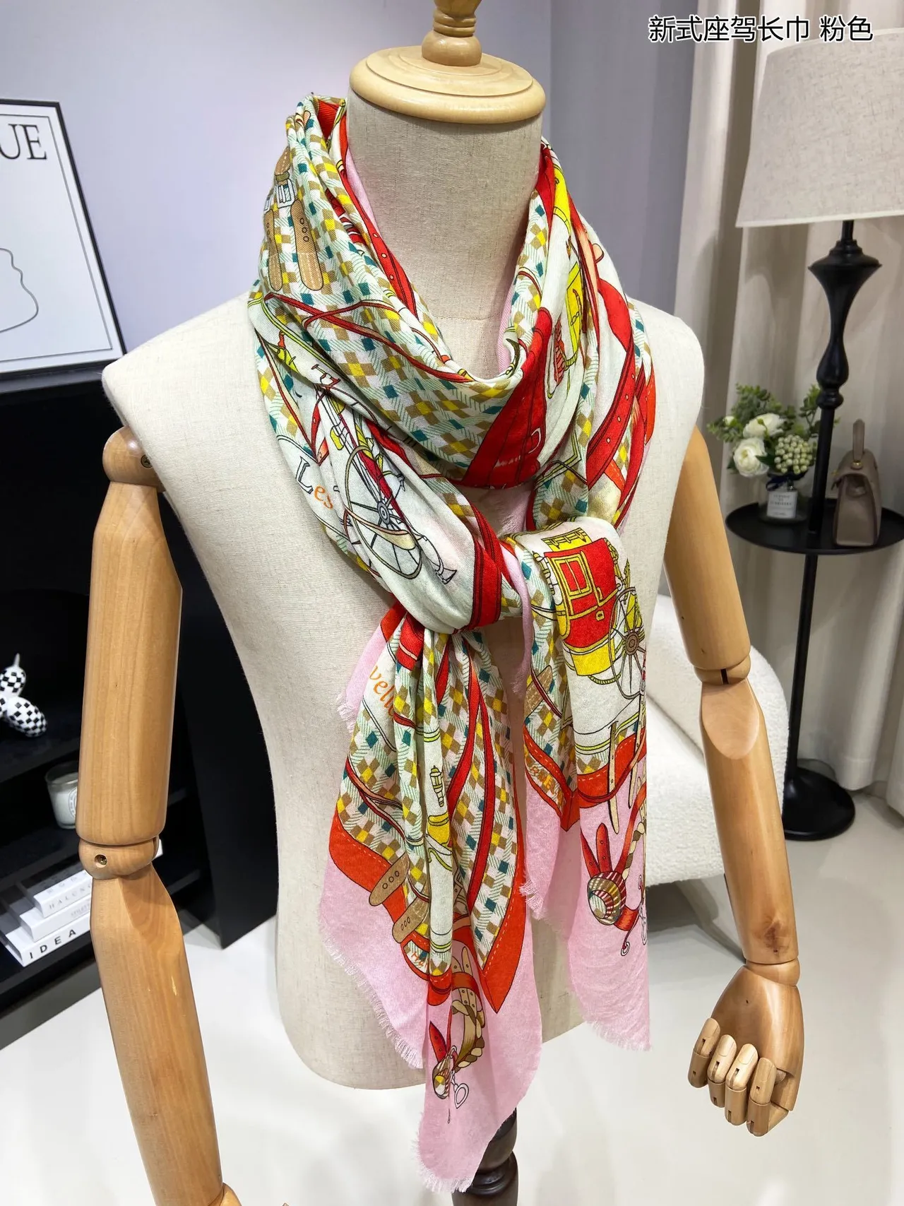 Printed Carriage Motif Long Silk Scarf 5