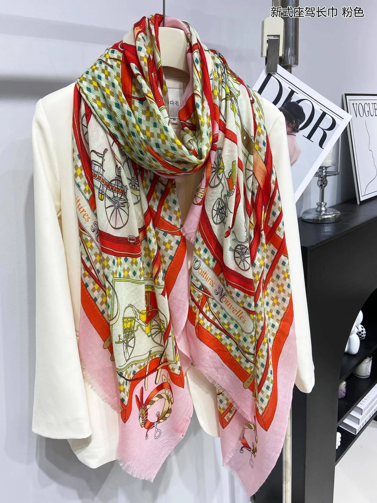 Printed Carriage Motif Long Silk Scarf 8