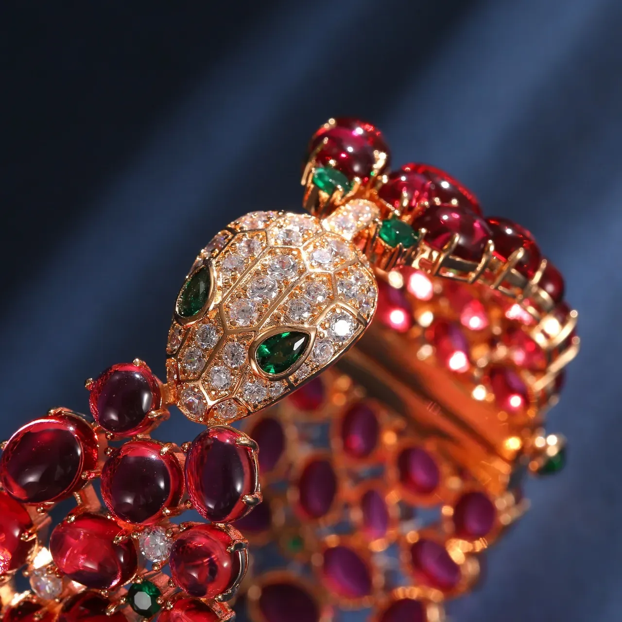 Red and Green Gemstone Snake-Head Hinged Bangle Bracelet 3