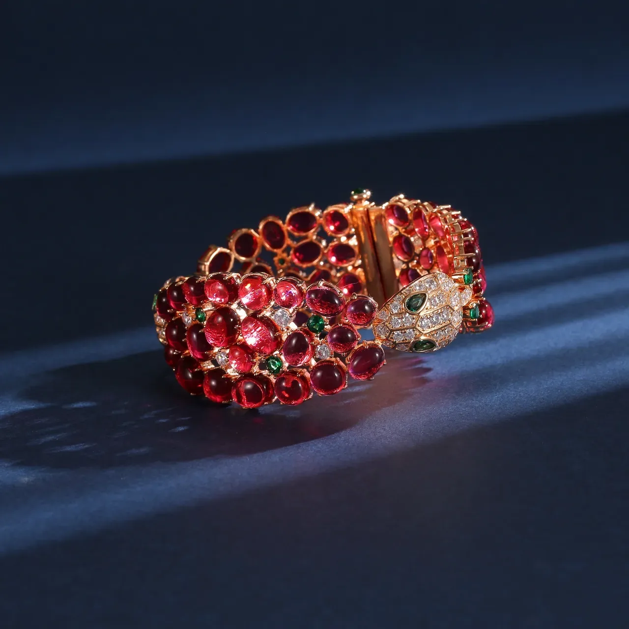 Red and Green Gemstone Snake-Head Hinged Bangle Bracelet 4