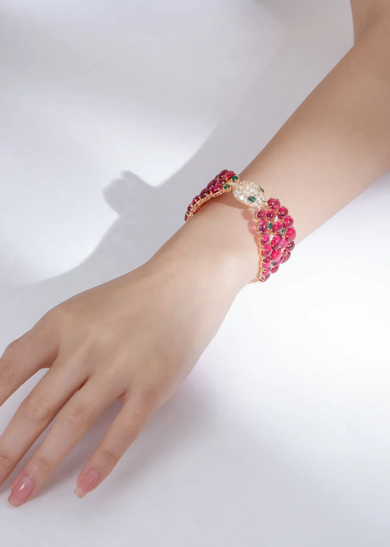 Red and Green Gemstone Snake-Head Hinged Bangle Bracelet 6