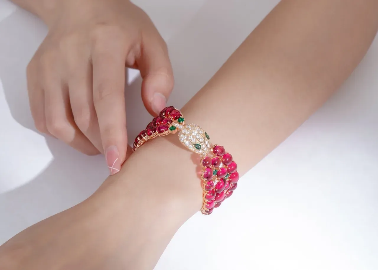 Red and Green Gemstone Snake-Head Hinged Bangle Bracelet 8