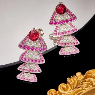 Red and Pink Pavé Gemstone Multi-Tiered Triangular Earrings