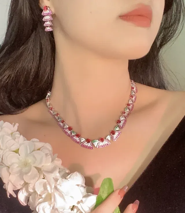 Red and Pink Pavé Gemstone Multi-Tiered Triangular Earrings 3