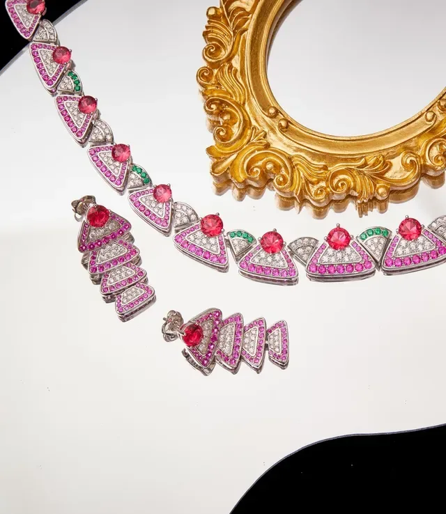 Red and Pink Pavé Gemstone Multi-Tiered Triangular Earrings 5