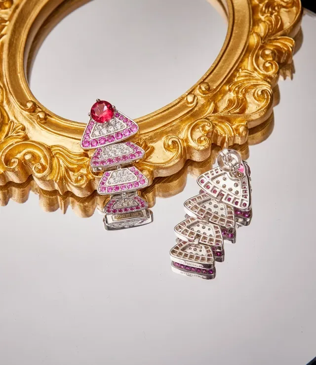 Red and Pink Pavé Gemstone Multi-Tiered Triangular Earrings 7