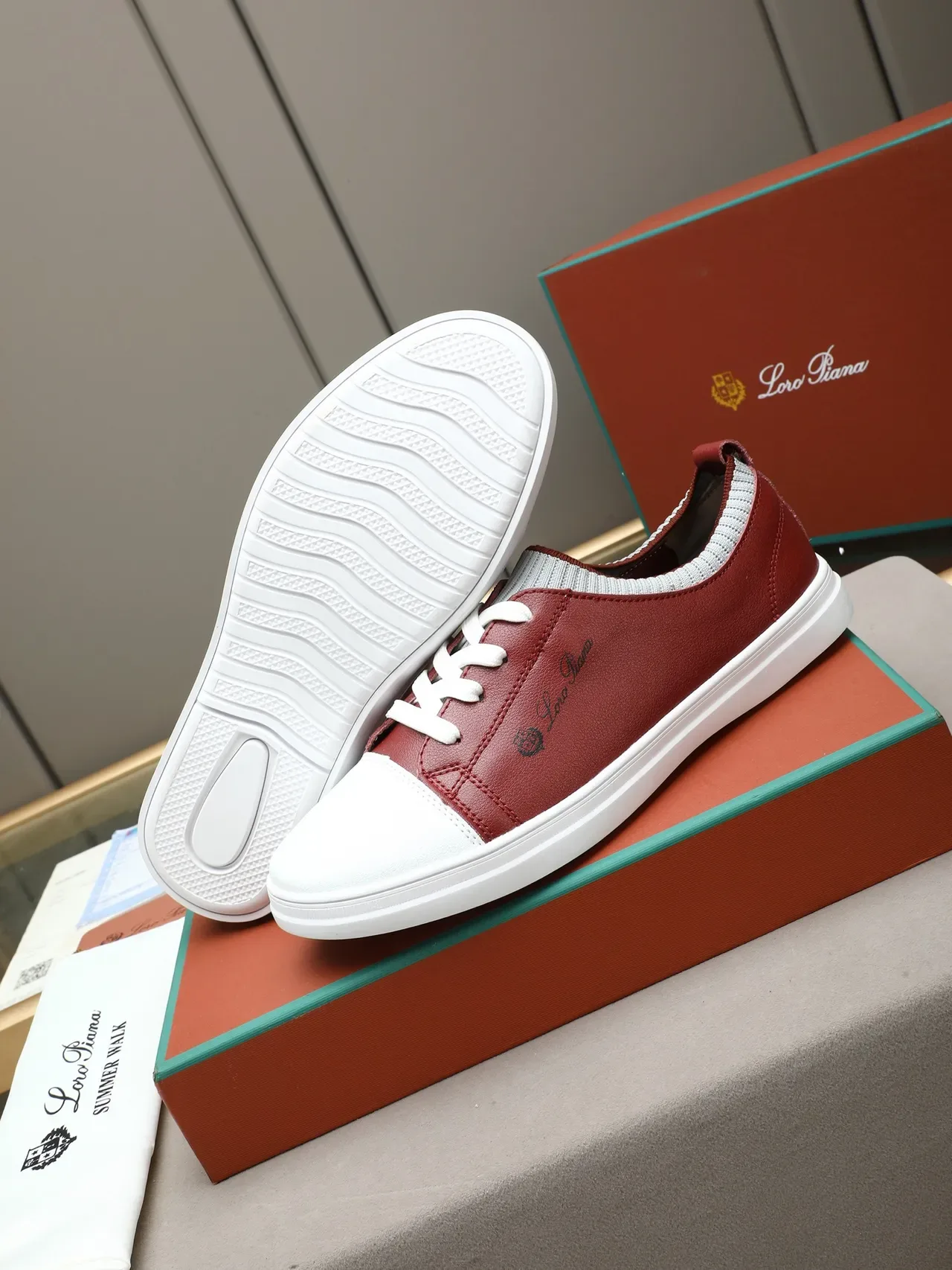 Red and White Leather Two-Tone Lace-Up Sneaker 5