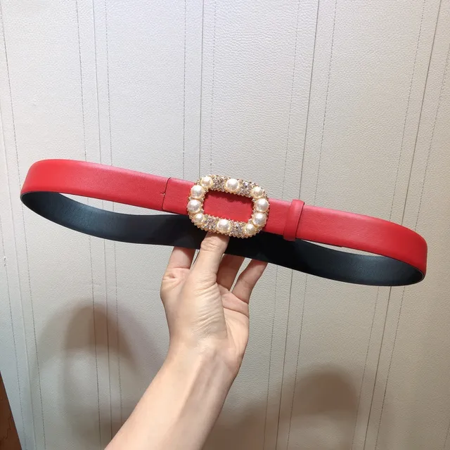 Red Black Pearl-Embellished Buckle Leather Belt 3