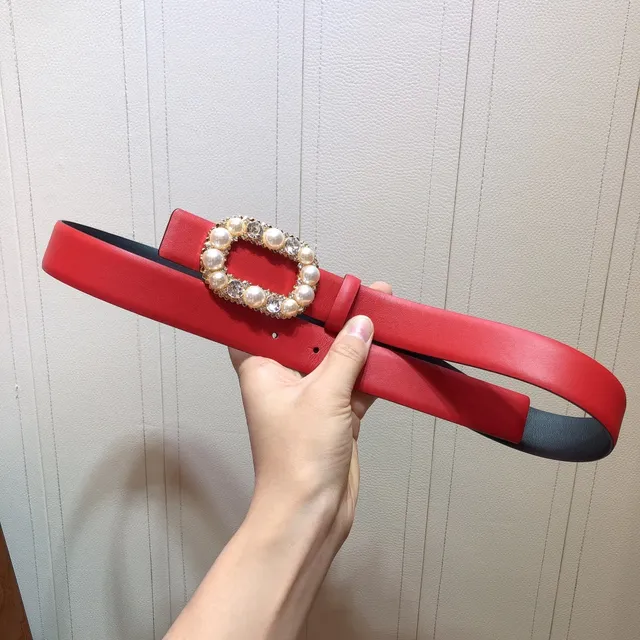 Red Black Pearl-Embellished Buckle Leather Belt 4