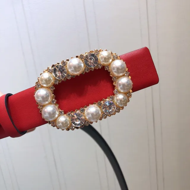 Red Black Pearl-Embellished Buckle Leather Belt 6
