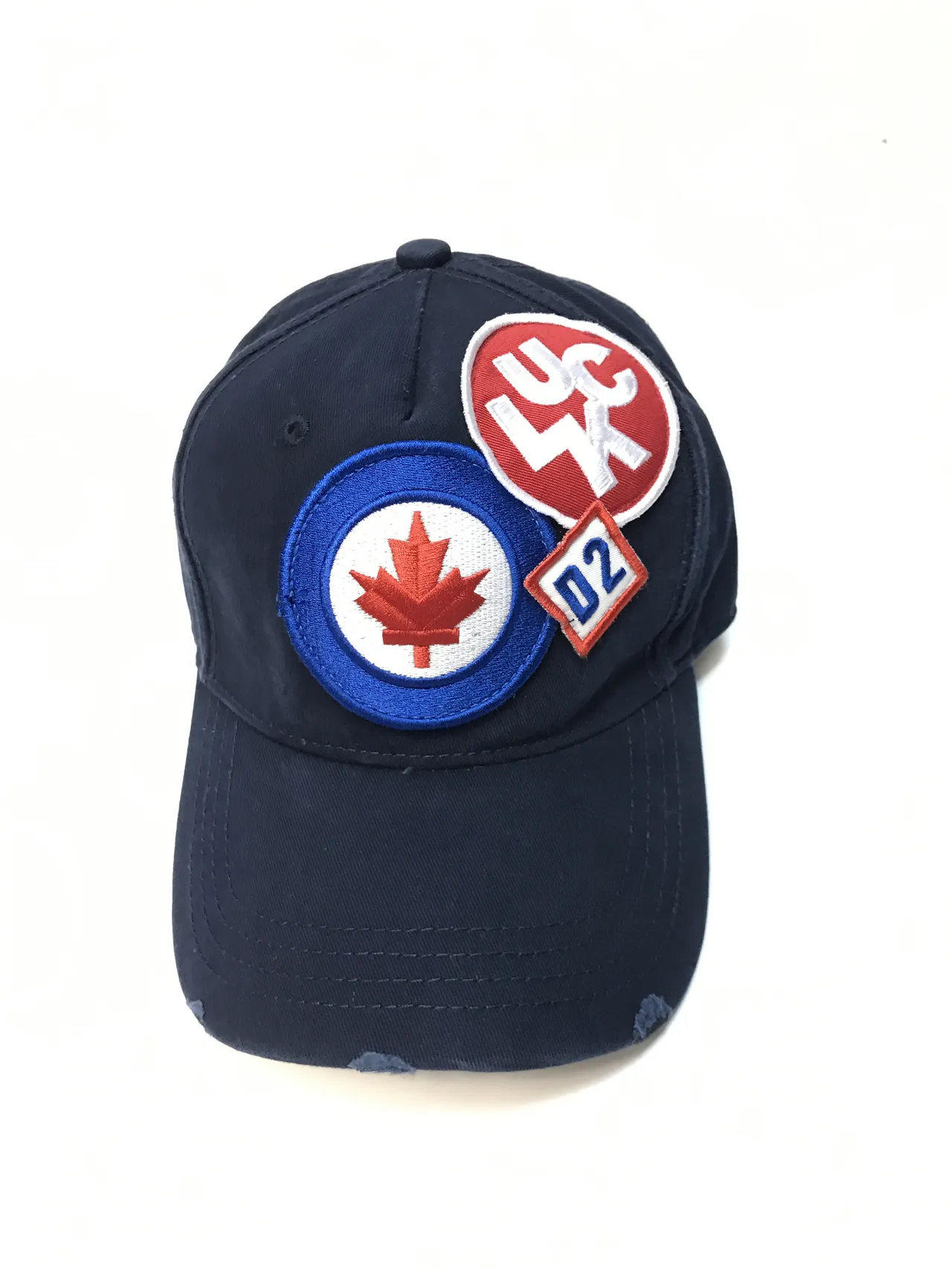 Red Blue Distressed Brim Embroidered Circular Maple Leaf Patch Baseball Cap 2