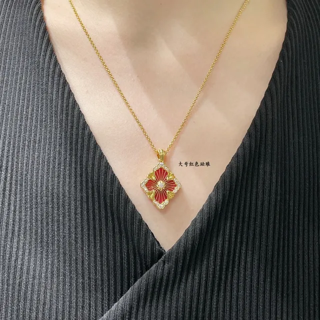 Red Enamel Floral Quatrefoil Pendant Necklace 5