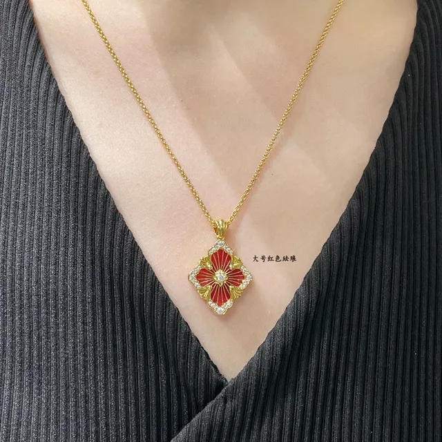 Red Enamel Floral Quatrefoil Pendant Necklace 6