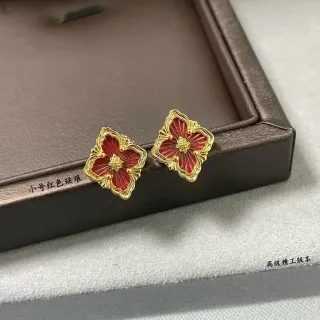Red Enamel Flower Quatrefoil Gold-Tone Stud Earrings