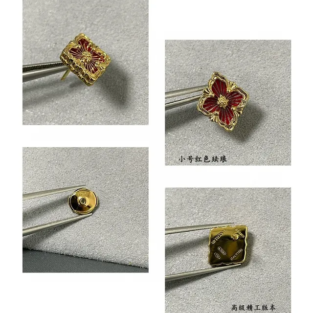 Red Enamel Flower Quatrefoil Gold-Tone Stud Earrings 2