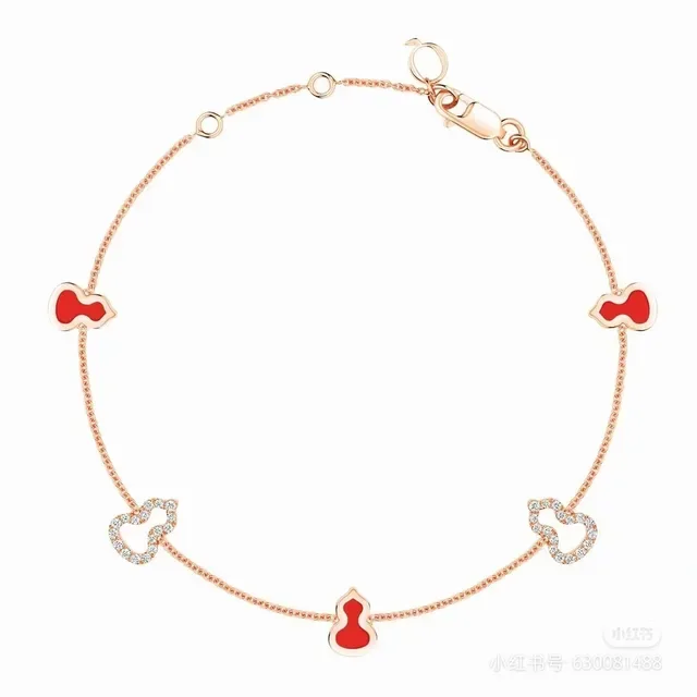 Red Gold Rose Chain Enamel Charms Bracelet 6