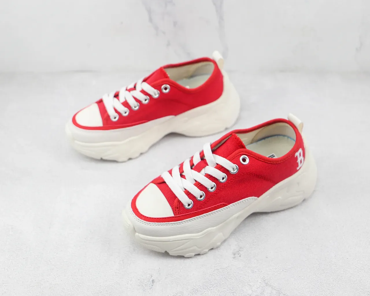 Red White Canvas Upper Chunky Sculpted Sole Sneakers 4