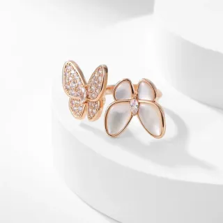 Rose Gold Butterfly and Flower Motif Pavé Crystal Mother-of-Pearl Rings