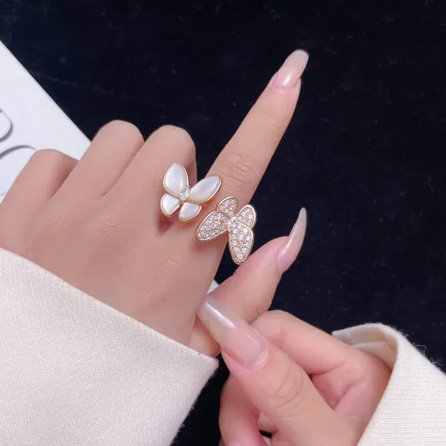 Rose Gold Butterfly and Flower Motif Pavé Crystal Mother-of-Pearl Rings 2