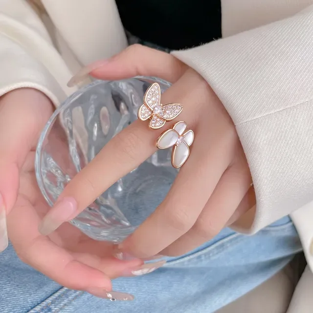 Rose Gold Butterfly and Flower Motif Pavé Crystal Mother-of-Pearl Rings 3