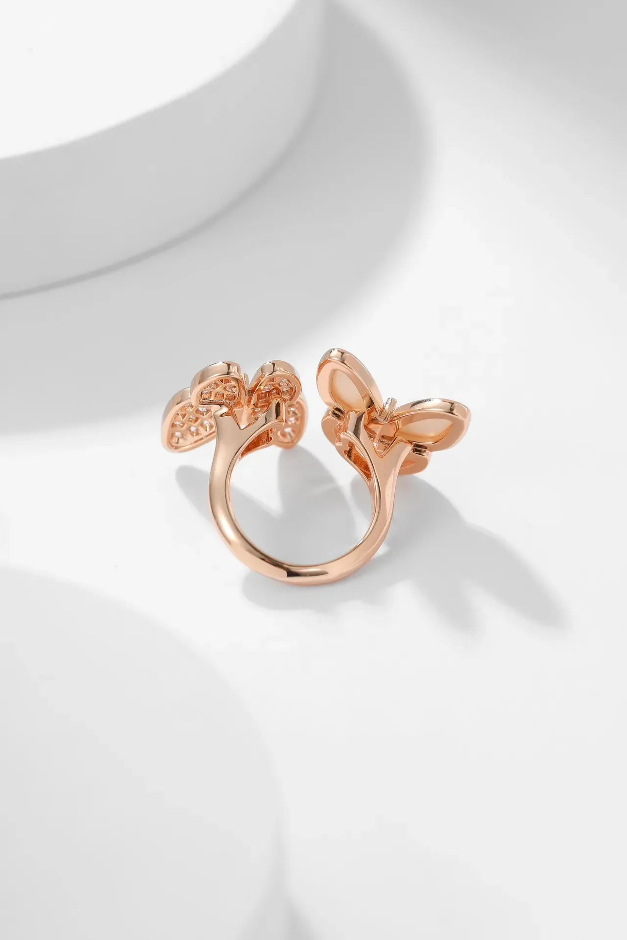 Rose Gold Butterfly and Flower Motif Pavé Crystal Mother-of-Pearl Rings 5