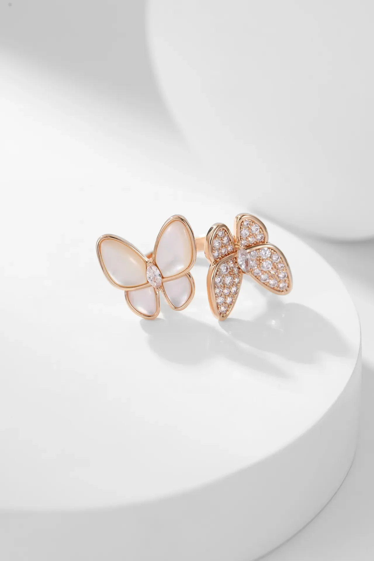 Rose Gold Butterfly and Flower Motif Pavé Crystal Mother-of-Pearl Rings 6