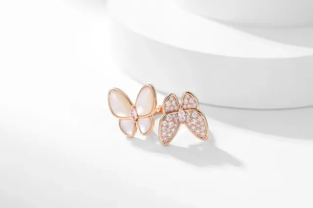 Rose Gold Butterfly and Flower Motif Pavé Crystal Mother-of-Pearl Rings 7