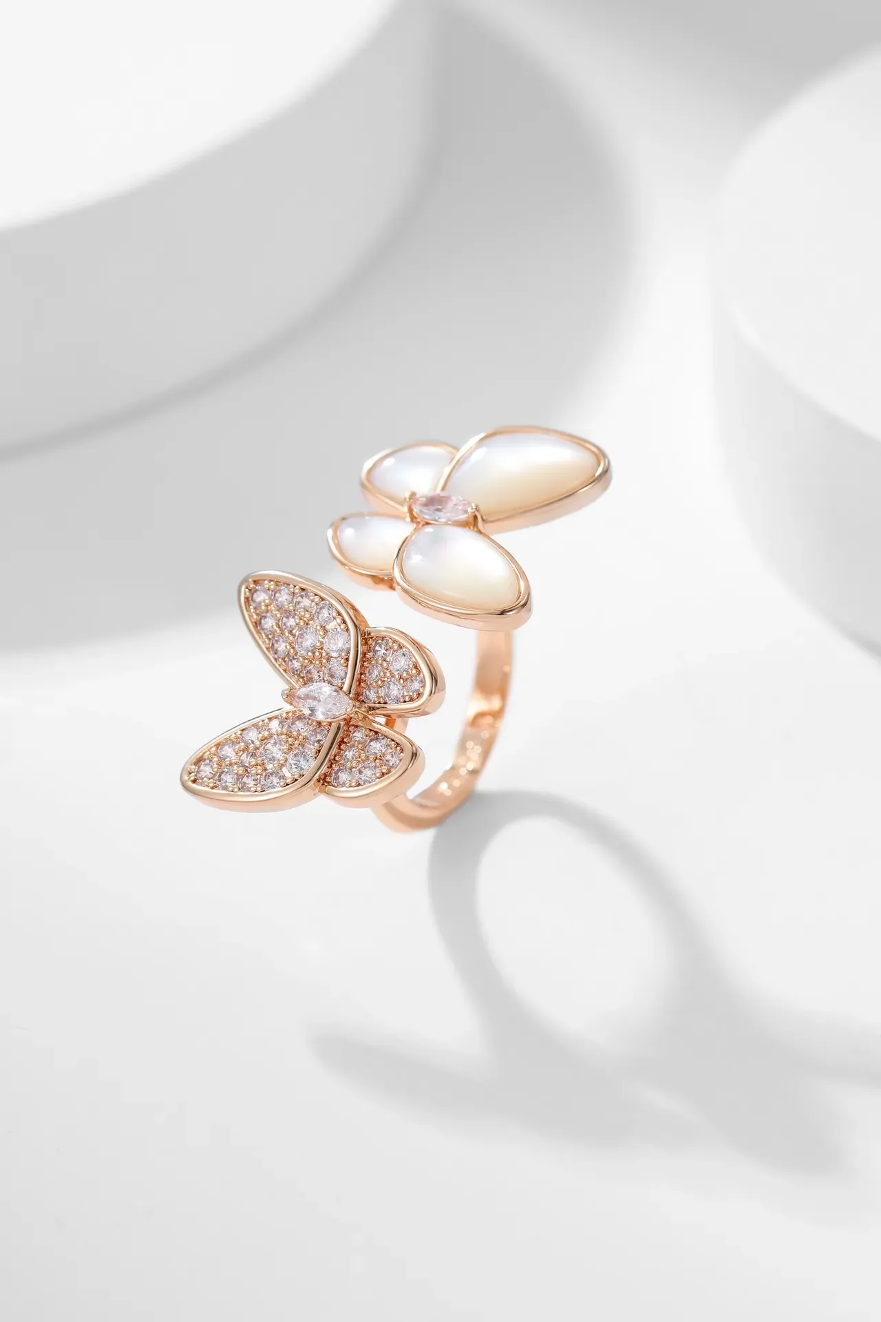 Rose Gold Butterfly and Flower Motif Pavé Crystal Mother-of-Pearl Rings 8