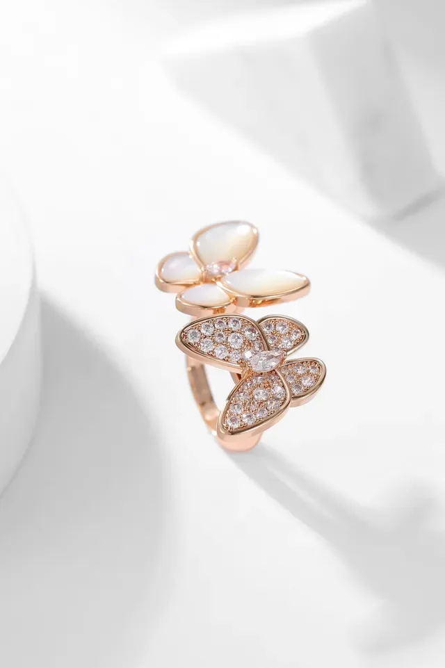 Rose Gold Butterfly and Flower Motif Pavé Crystal Mother-of-Pearl Rings 9