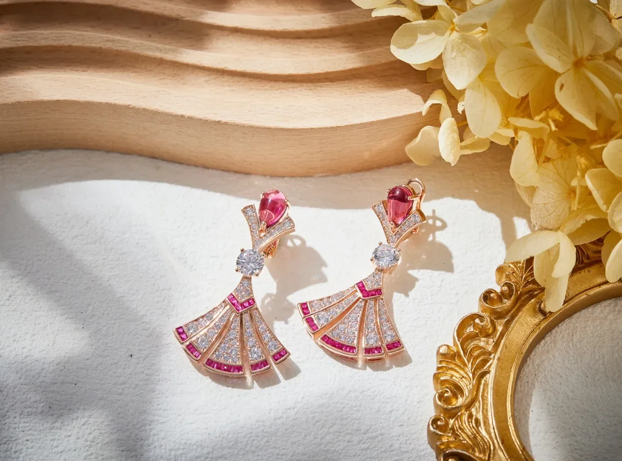 Rose Gold Fan-Shaped Pavé Multi-Gemstone Dangle Earrings 5