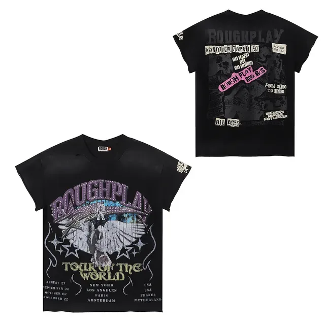 ROUGH Tour of the World Distressed Black Rhinestone Graphic T-Shirt 2