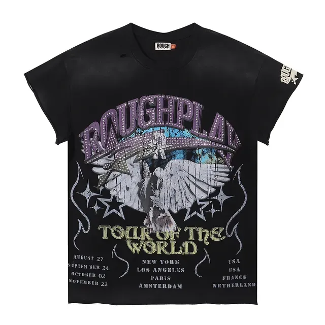 ROUGH Tour of the World Distressed Black Rhinestone Graphic T-Shirt 4